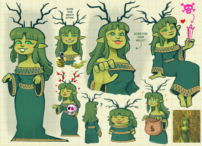 1girl, :d, :p, ?, antlers, bag, bare_shoulders, barefoot