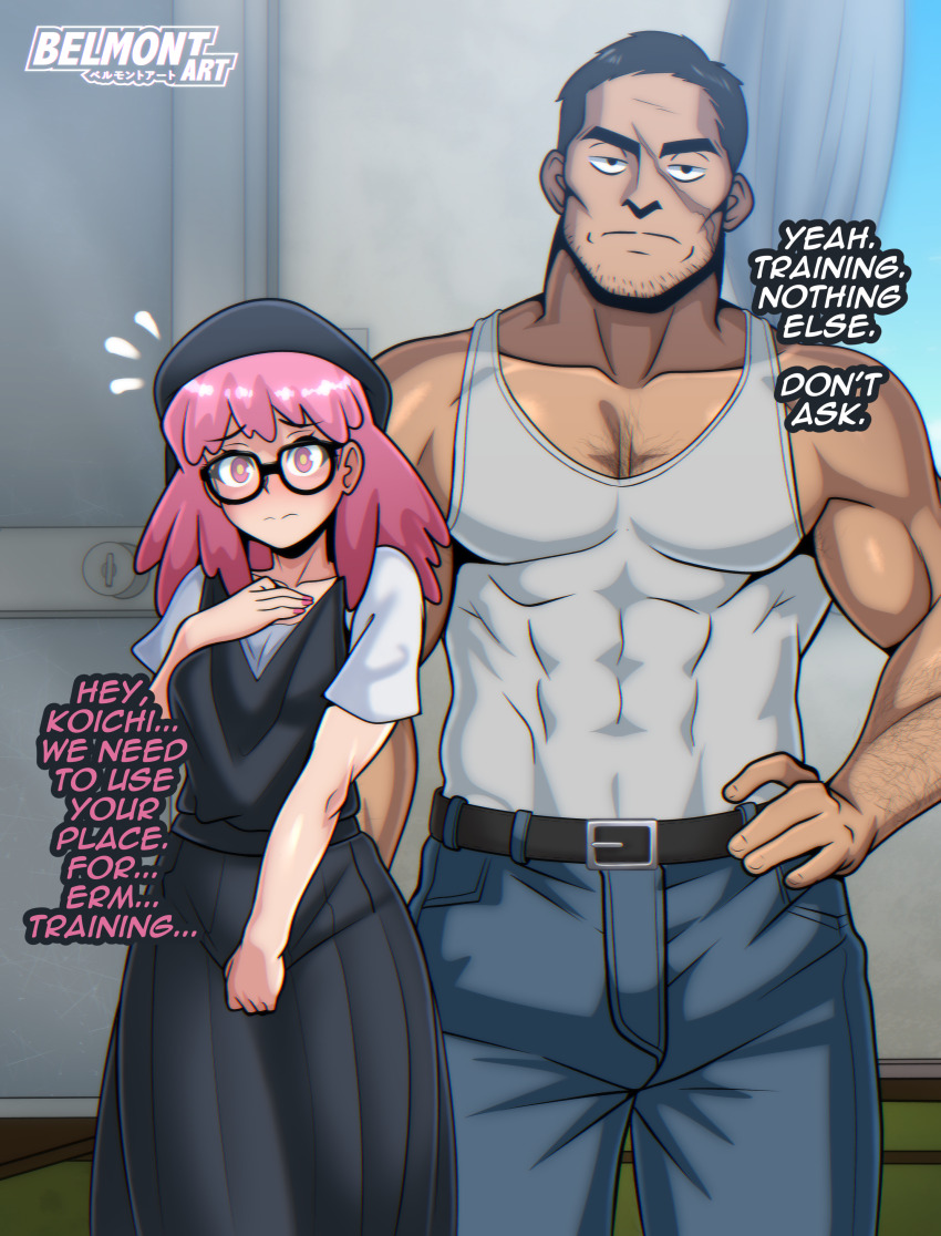 1boy, 1girl, artist_name, belmont_art, between_legs, black-framed_eyewear, black_hat, black_skirt