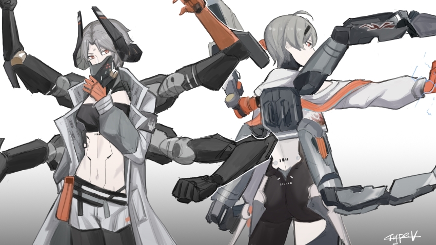 1girl, artist_name, ass, back, black_horns, breasts, coat, commentary_request