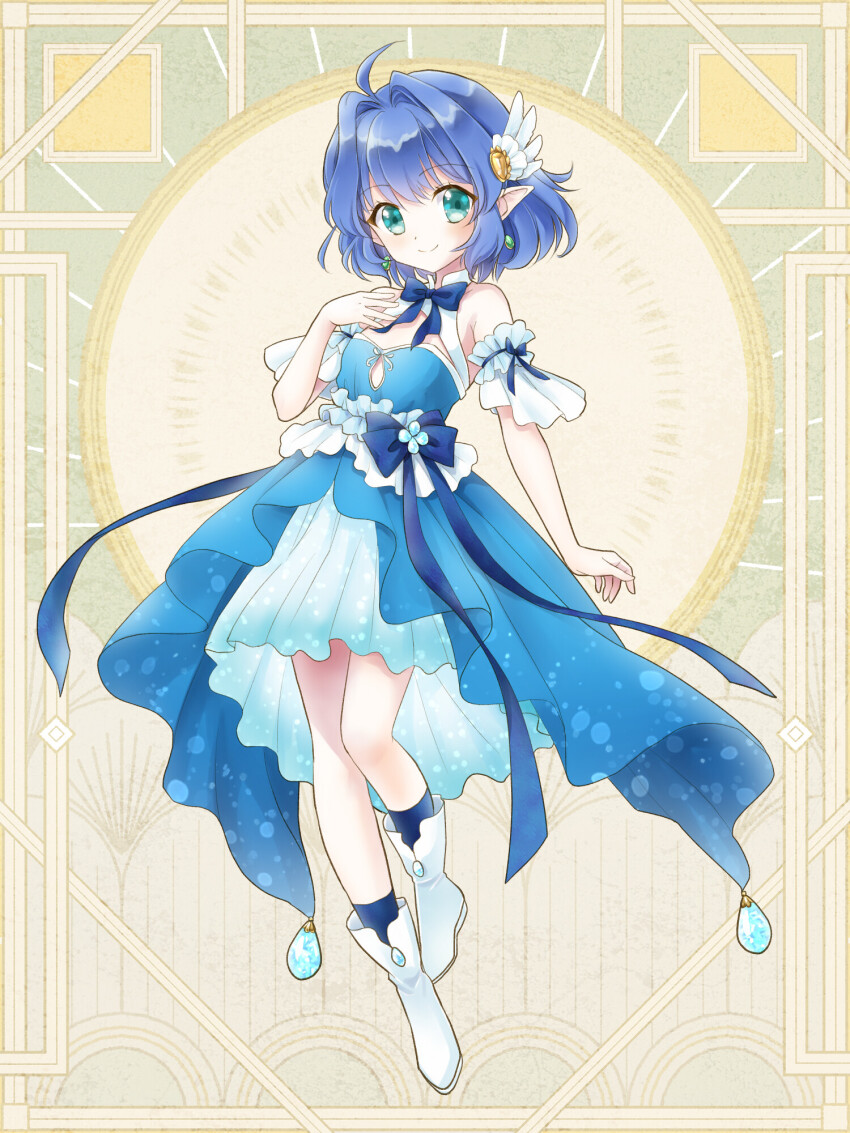 1girl, ahoge, airy_windia, aqua_eyes, blue_bow, blue_bowtie, blue_dress, boots