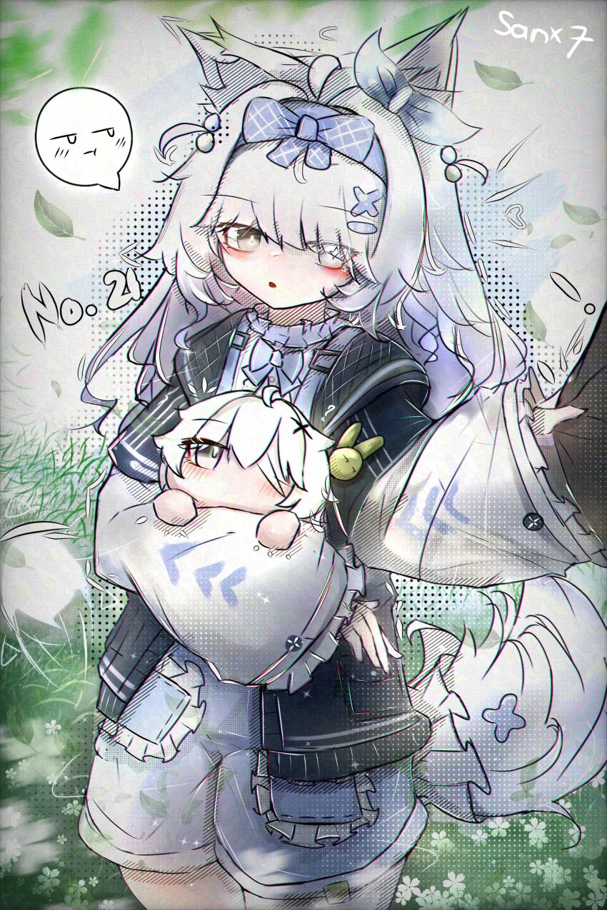 1girl, absurdres, ahoge, animal_ears, arm_up, artist_name, black_jacket, blue_bow