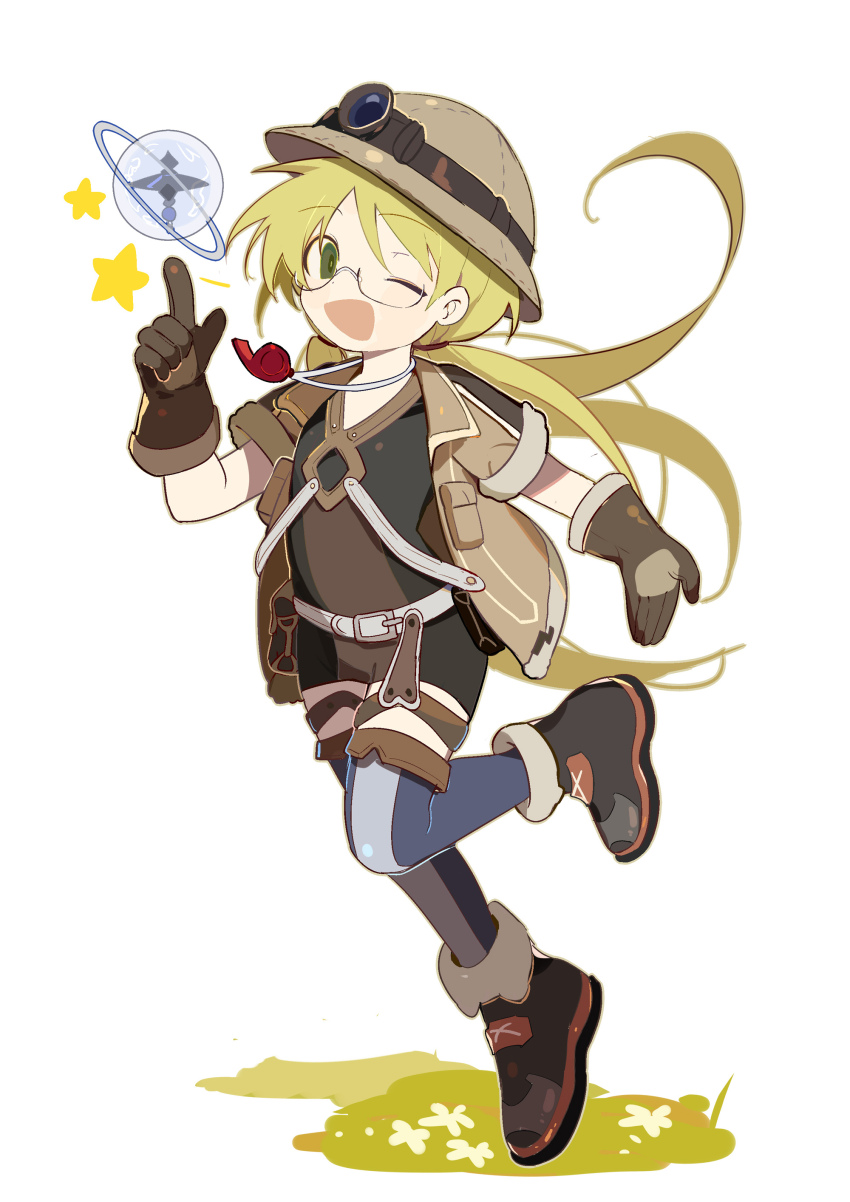 1girl, :d, absurdres, black_shirt, black_shorts, blonde_hair, blue_thighhighs, boots