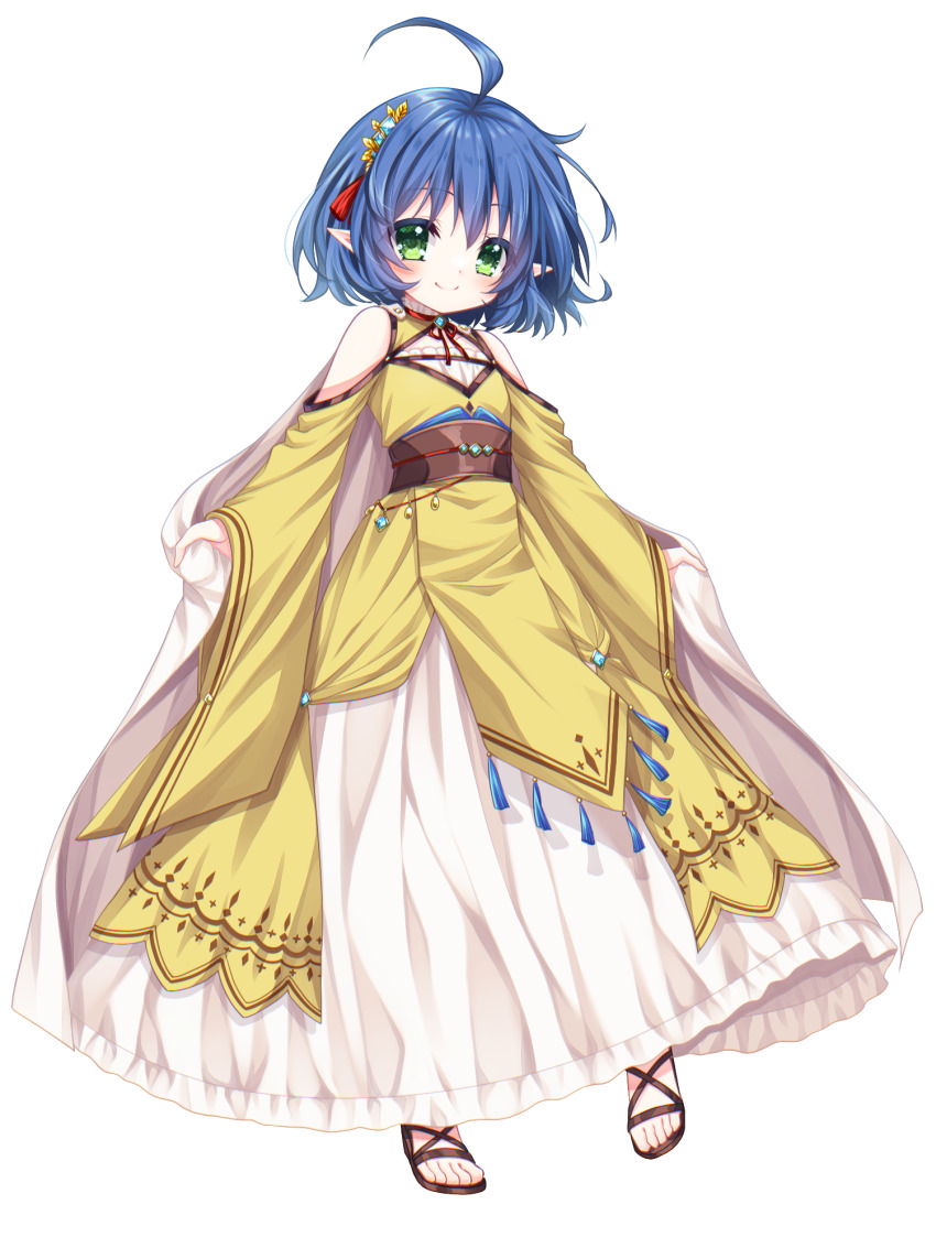 1girl, ahoge, airy_windia, asazuki_kanai, blue_gem, blue_hair, breasts, cape, detached_sleeves, dress, full_body, gem, green_eyes, hair_ornament, highres, long_sleeves, looking_at_viewer, root_eden, sandals, small_breasts, smile, standing, transparent_background, white_cape, wide_sleeves, yellow_dress