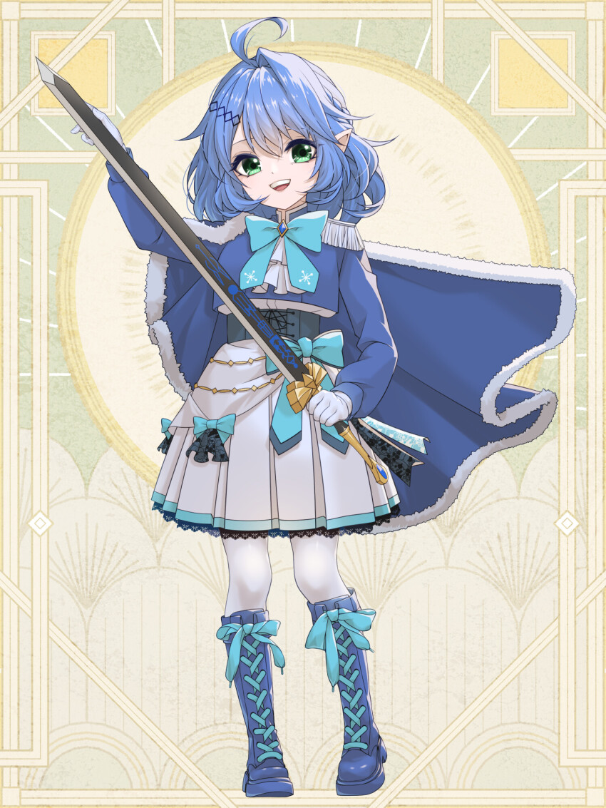 1girl, :d, ahoge, airy_windia, black_corset, blue_boots, blue_bow, blue_cape