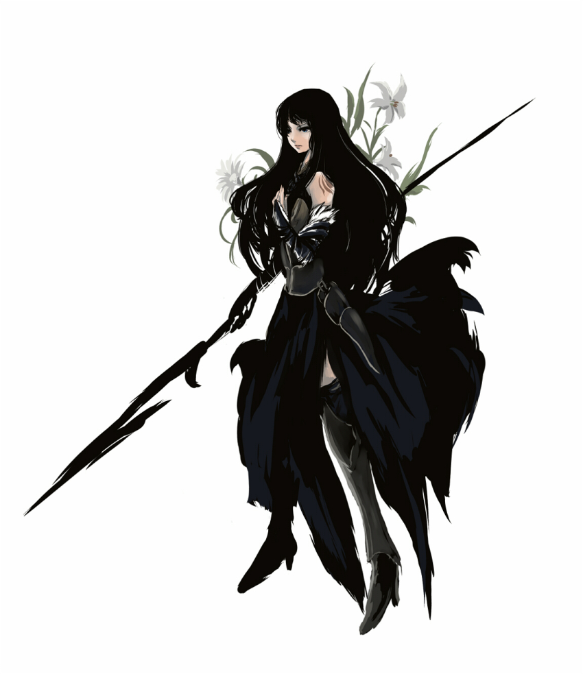 1girl, armor, bare_shoulders, black_hair, blue_eyes, boots, breastplate, bridal_gauntlets, castlevania:_order_of_ecclesia, castlevania_(series), dress, female_focus, flower, full_body, goth_fashion, greaves, hand_on_own_chest, high_heels, highres, long_hair, polearm, ruri_(rukiafile), shanoa_(castlevania), shoes, simple_background, solo, spear, standing, tattoo, thigh_boots, thighhighs, very_long_hair, weapon, white_background, wind