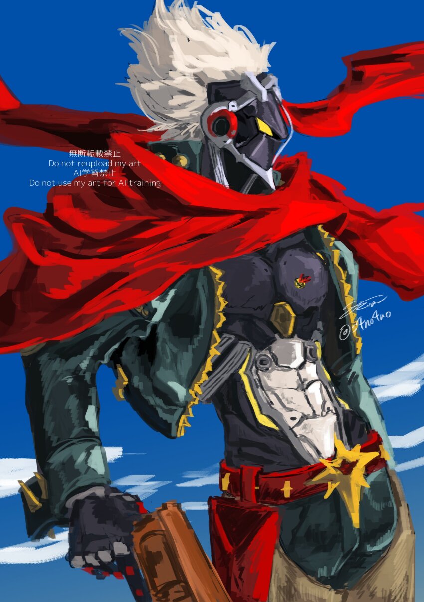 1boy, absurdres, alternate_costume, belt_pouch, billy_kid, blue_background, clothed_robot, cowboy_shot, cropped_jacket, green_jacket, gun, highres, holding, holding_gun, holding_weapon, humanoid_robot, jacket, male_focus, pouch, red_scarf, robot, robot_boy, s4no4no, scarf, solo, spiked_hair, weapon, white_hair, yellow_eyes, zenless_zone_zero