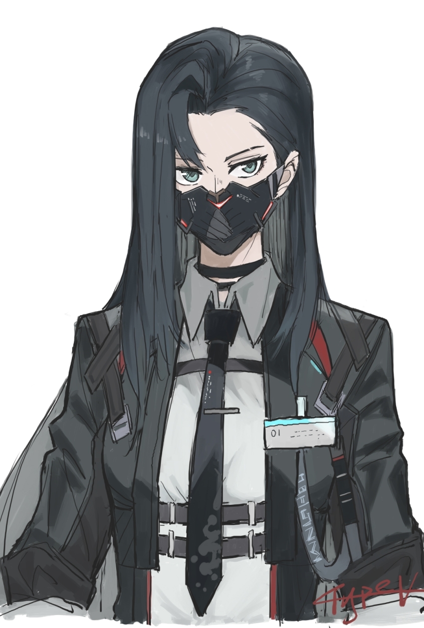 1girl, artist_name, black_choker, black_hair, black_jacket, black_necktie, chest_harness, choker, collared_shirt, commentary_request, cropped_torso, curtained_hair, green_eyes, harness, highres, jacket, looking_at_viewer, mask, mouth_mask, name_tag, necktie, open_clothes, open_jacket, punishing:_gray_raven, shirt, simple_background, solo, type-v, valeria_(pgr), white_background, white_shirt
