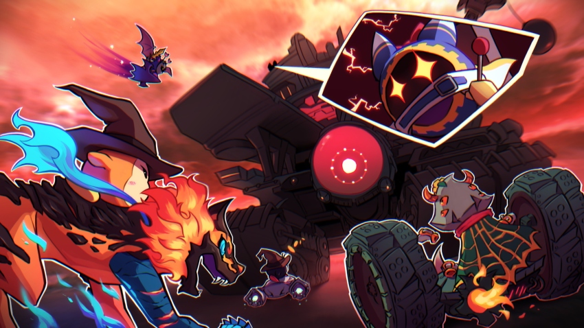 +_+, bat_wings, battle_chariot_(kirby), blue_eyes, blue_fire, caterpillar_tracks, colored_skin, fire, fmoptimist, galaxia_(sword), gigantes_(kirby), hat, highres, holding, holding_sword, holding_weapon, hop_star, horns, kirby_(series), kirby_air_ride, kirby_air_riders, leo_(kirby), magolor, meta_knight, nintendo, orange_skin, outdoors, outline, rayman_limbs, shadow_star, sword, taranza, waddle_dee, waddle_doo, weapon, white_hair, white_outline, wings, witch_hat, wrecking_ball, youtube_video_thumbnail