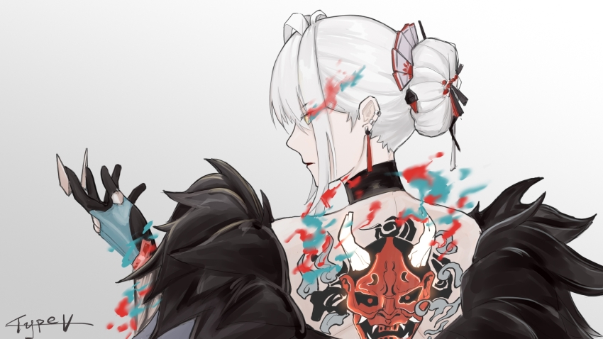 1girl, alpha:_crimson_weave_(tsubaki)_(pgr), alpha_(pgr), artist_name, back_tattoo, black_choker, choker, closed_mouth