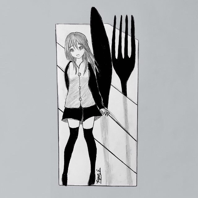 1girl, black_thighhighs, butter_knife, facing_viewer, fork, grey_background, greyscale, knife