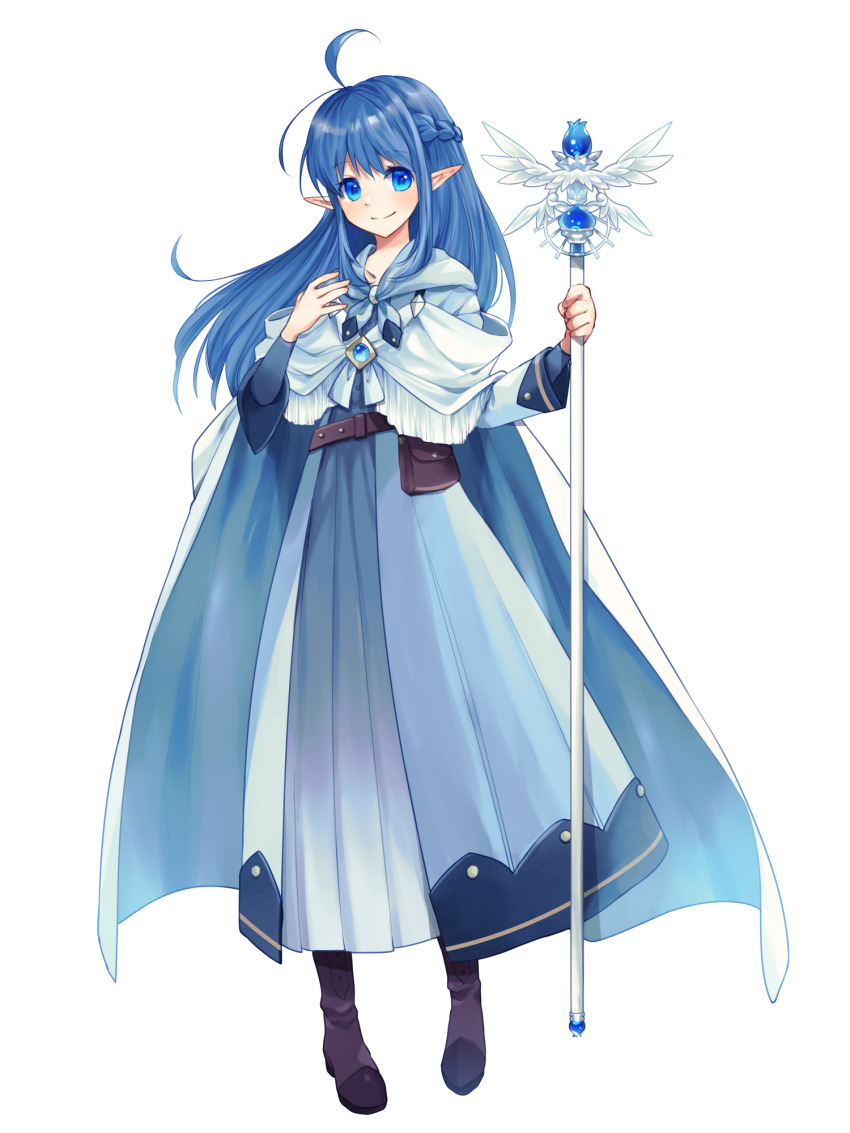 ahoge, belt, black_boots, blue_eyes, blue_gem, blue_hair, boots, braid, cape, dress, full_body, gem, highres, light_smile, long_hair, long_sleeves, looking_at_viewer, pic_eda, pointy_ears, pouch, root_eden, sil_windia, smile, staff