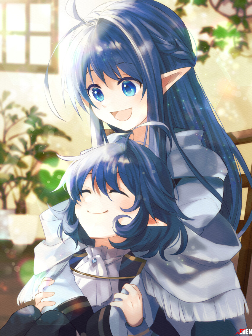 :d, ahoge, airy_windia, ascot, blue_eyes, blue_hair, blurry, blurry_background
