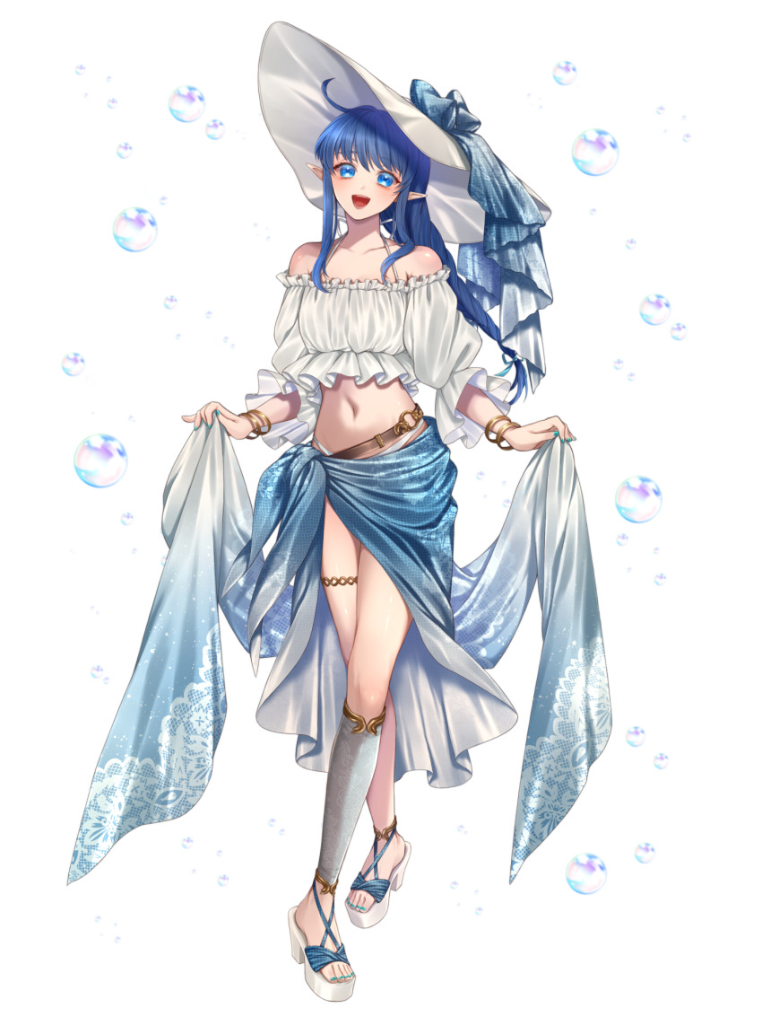 1girl, :d, ahoge, bangle, belt, blue_bow, blue_eyes, blue_hair, blue_nails, bow, bracelet, bubble, elf, feet, full_body, halterneck, hat, hat_bow, high_heel_sandals, high_heels, highres, jewelry, legs, long_hair, midriff, nail_polish, navel, nijyo_211, o-ring, o-ring_belt, open_mouth, pointy_ears, root_eden, sandals, shirt, sil_windia, smile, solo, standing, sun_hat, thigh_strap, toenail_polish, toenails, toes, transparent_background, very_long_hair, white_hat, white_shirt