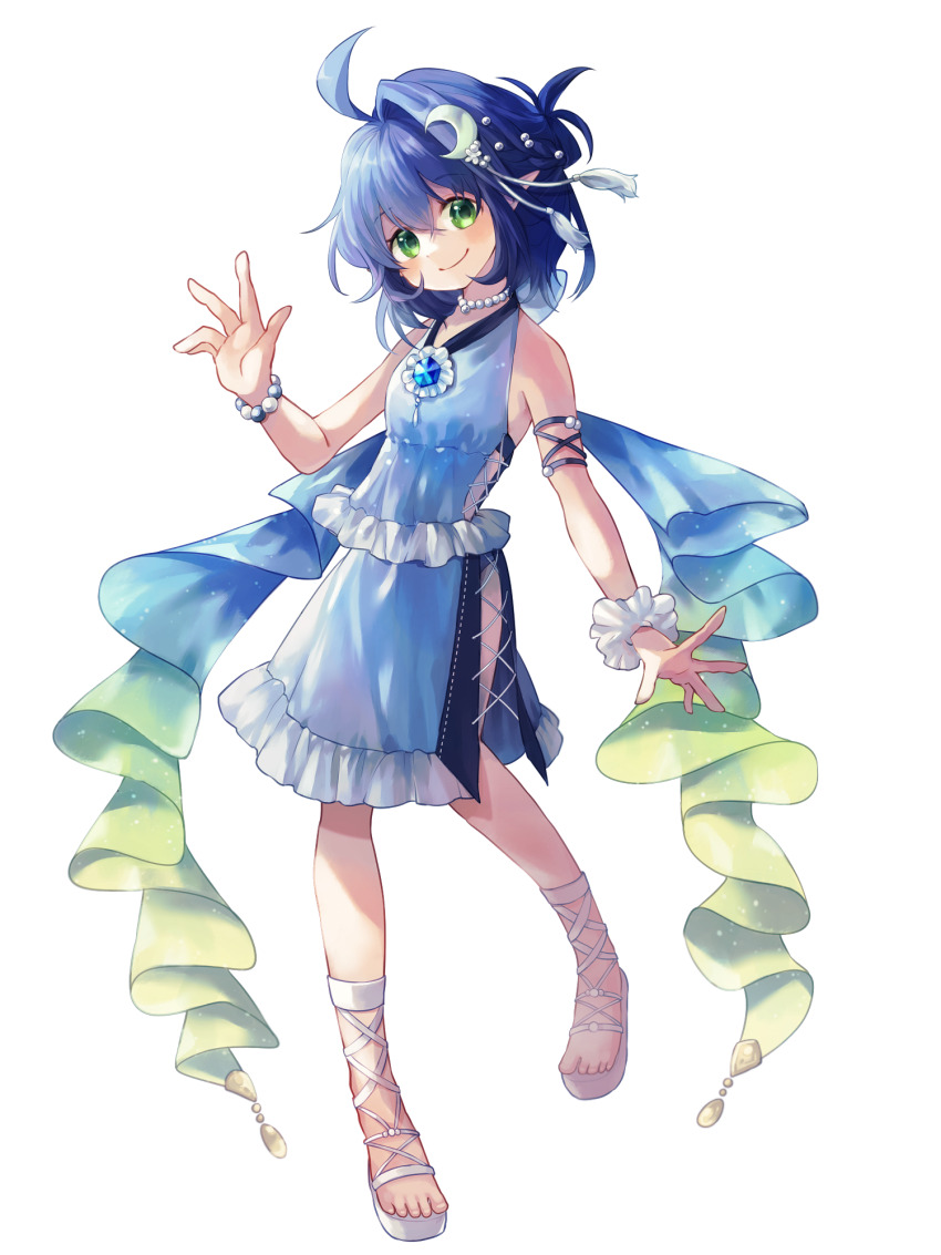 1girl, airy_windia, armlet, backless_dress, backless_outfit, bad_feet, blue_dress, blue_gem