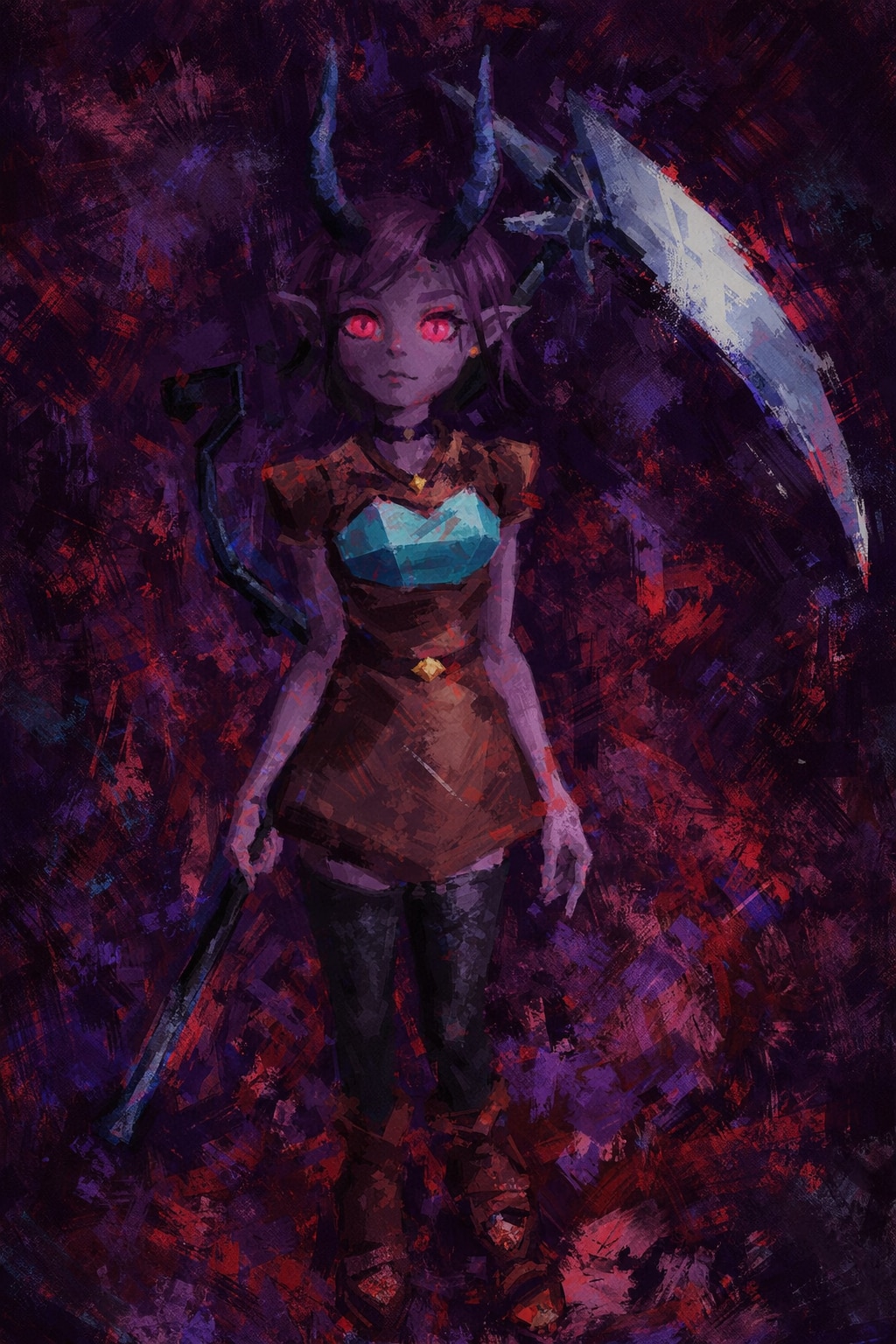 1girl, abstract_background, armor, artist_request, belt, black_choker, black_tail, black_thighhighs