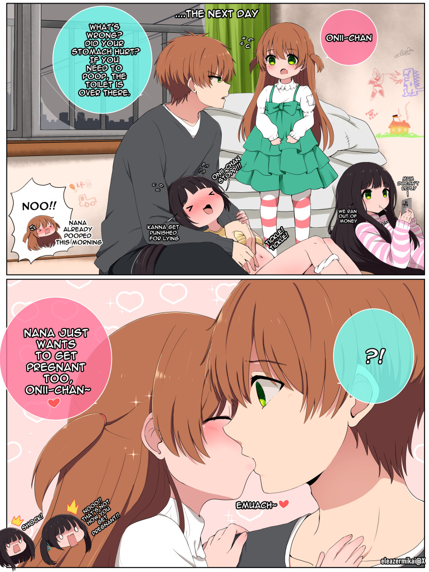 !?, >_<, 0_0, 1boy, 3girls, :o, ^^^, absurdres, age_difference, bed, black_pants, blunt_bangs, blush, brother_and_sister, brown_hair, bug, cellphone, child's_drawing, clothes_writing, curtains, dress, eleazarmikai, english_text, flying_sweatdrops, full-face_blush, green_dress, green_eyes, grey_shirt, grey_sky, hana_(eleazarmikai), head_only, heart, hetero, highres, holding, holding_phone, indoors, kanna_(eleazarmikai), kiss, leggings, loli, long_hair, long_sleeves, lying, lying_on_lap, mouth_hold, multiple_girls, nana_(eleazarmikai), navel, on_back, onii-chan_(eleazarmikai), open_mouth, original, panties, panties_around_leg, pants, patch, phone, pinafore_dress, pink_shirt, shirt, siblings, sidelocks, sisters, sky, sleeveless, sleeveless_dress, smartphone, striped_clothes, striped_leggings, striped_shirt, tickling, tickling_stomach, turtleneck, turtleneck_shirt, underwear, white_leggings, white_panties, white_shirt, window, wkoma, yellow_shirt