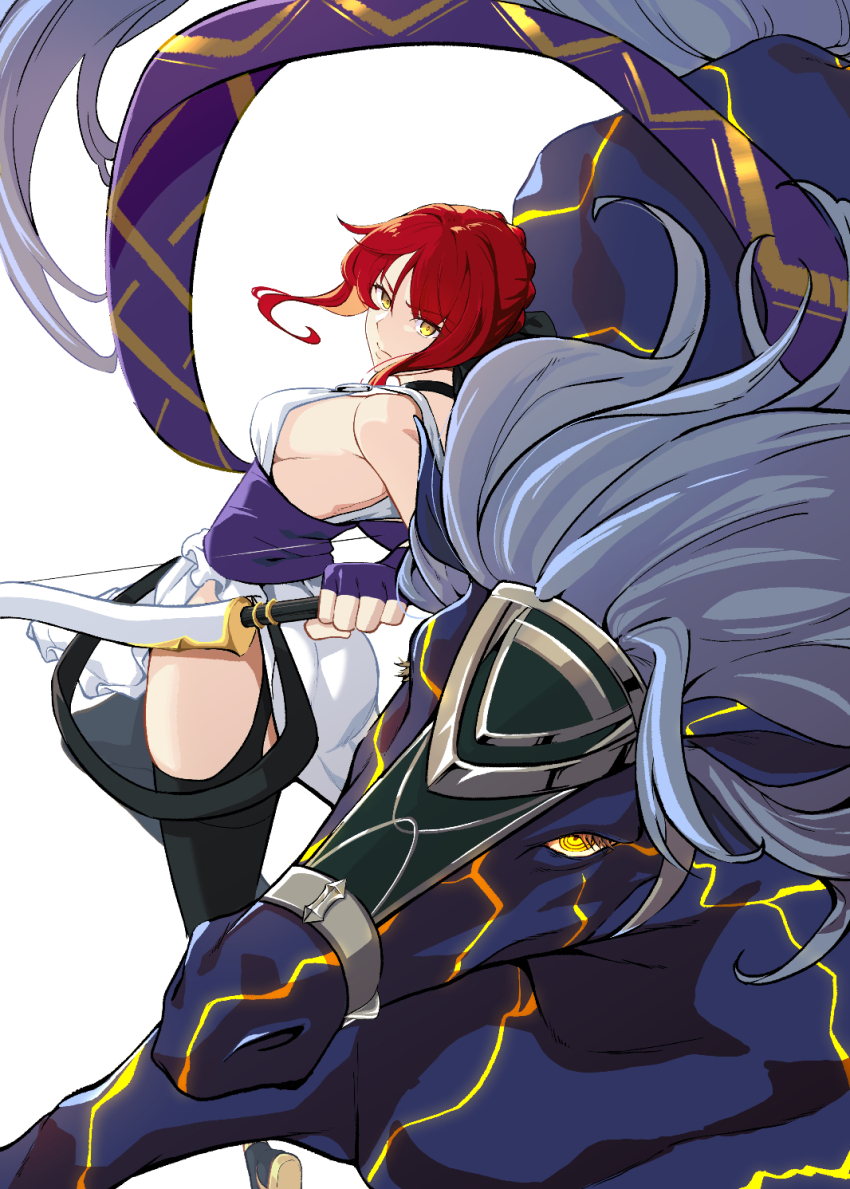 1girl, bare_shoulders, black_gloves, black_thighhighs, blue_ribbon, bow_(weapon), braid, breasts, choker, commentary_request, dress, elbow_gloves, fate/strange_fake, fate_(series), gloves, hair_bun, hair_ribbon, highres, hippolyta_(fate), horse, kalion_(fate), large_breasts, looking_at_viewer, medium_hair, red_hair, ribbon, sash, shiki_(love-saber), sidelocks, thighhighs, thighs, weapon, white_dress, yellow_eyes