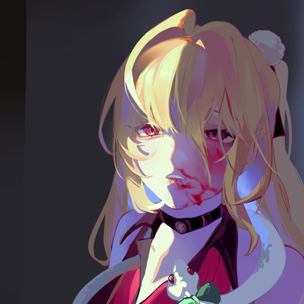 1girl, bare_shoulders, blonde_hair, blood, blood_on_face, cissia_(zenless_zone_zero), collar, commentary
