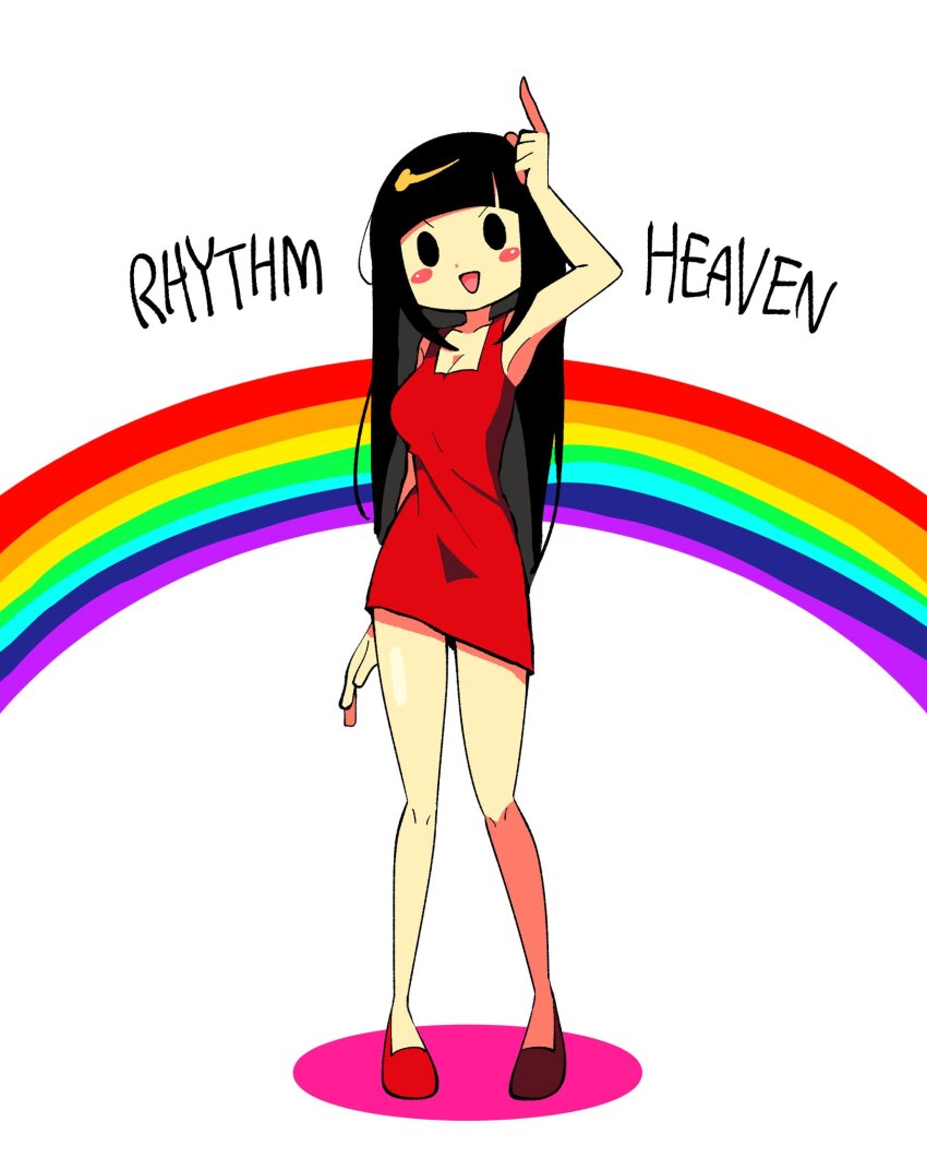 1girl, :d, black_hair, blush_stickers, breasts, cleavage, dress, girl_(minna_no_rhythm_tengoku), hashtag-only_commentary, highres, long_hair, medium_breasts, minna_no_rhythm_tengoku, mob_face, offbeat, open_mouth, pointing, pointing_up, rainbow, rainbow_background, red_dress, red_shoes, rhythm_tengoku, shoes, short_dress, short_sleeves, smile, very_long_hair, white_background