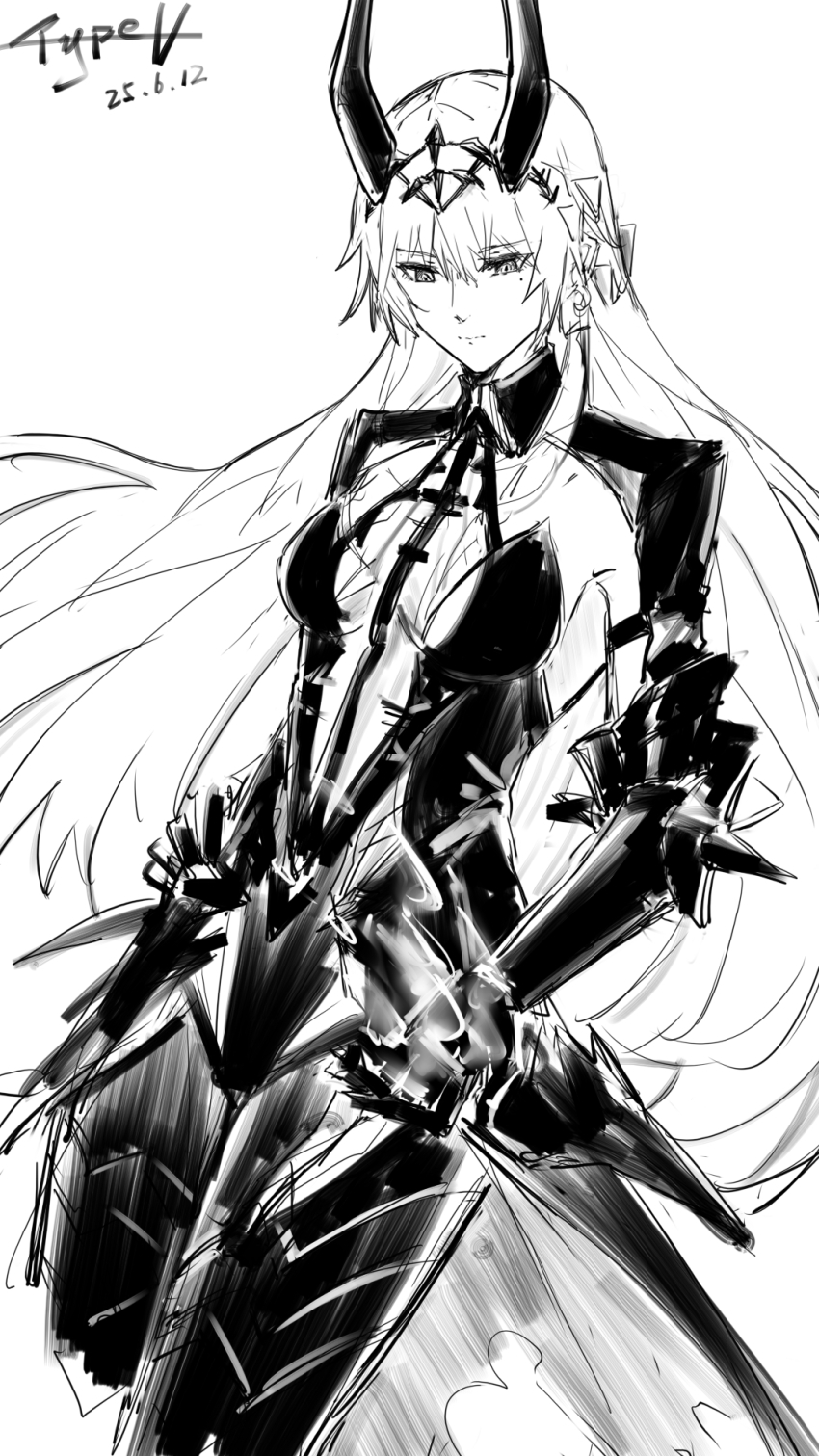 1girl, artist_name, black_horns, breasts, commentary_request, dated, dutch_angle, greyscale