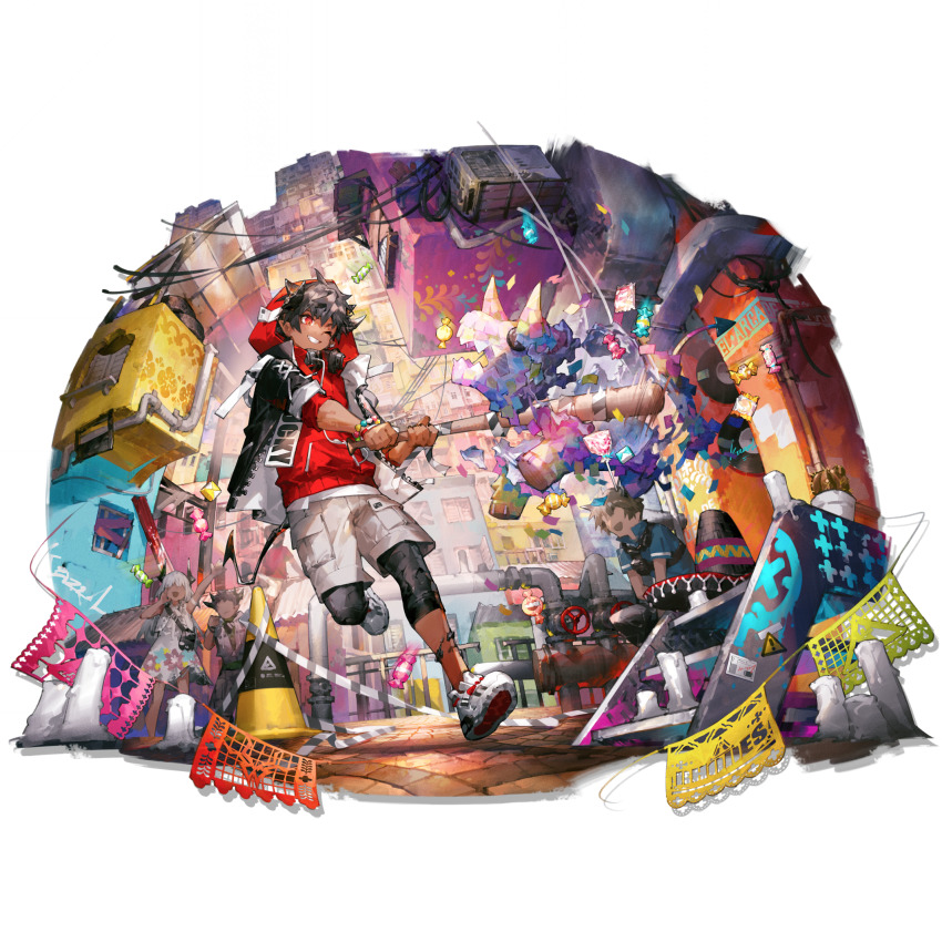 2girls, animal_ears, arknights, bandaid, baseball_bat, black_hair, black_jacket, dark-skinned_male