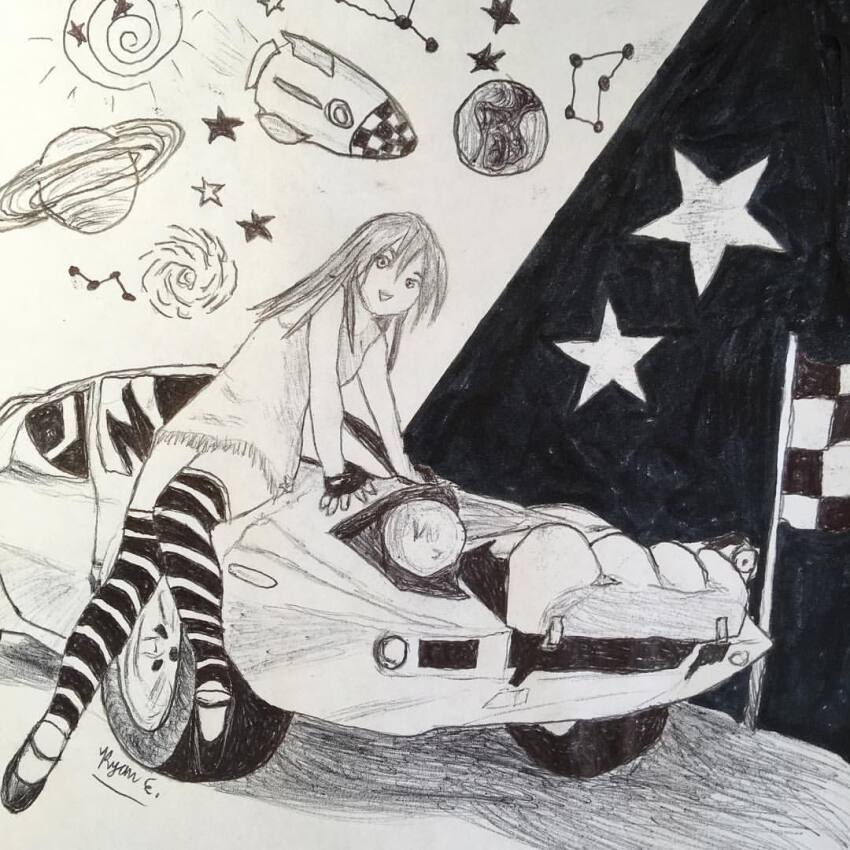 1girl, car, facing_viewer, greyscale, looking_at_viewer, monochrome, motor_vehicle, planet