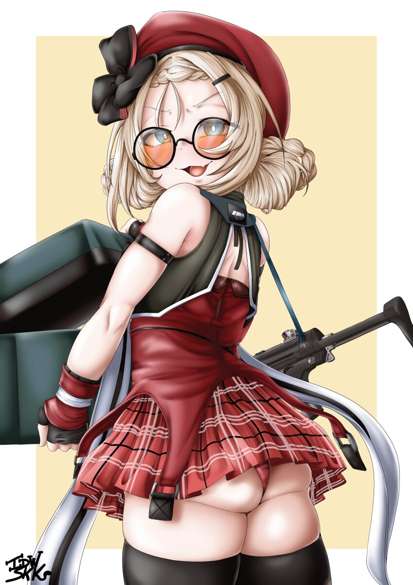 1girl, artist_name, ass, bare_shoulders, blonde_hair, blue_eyes, blush, bow