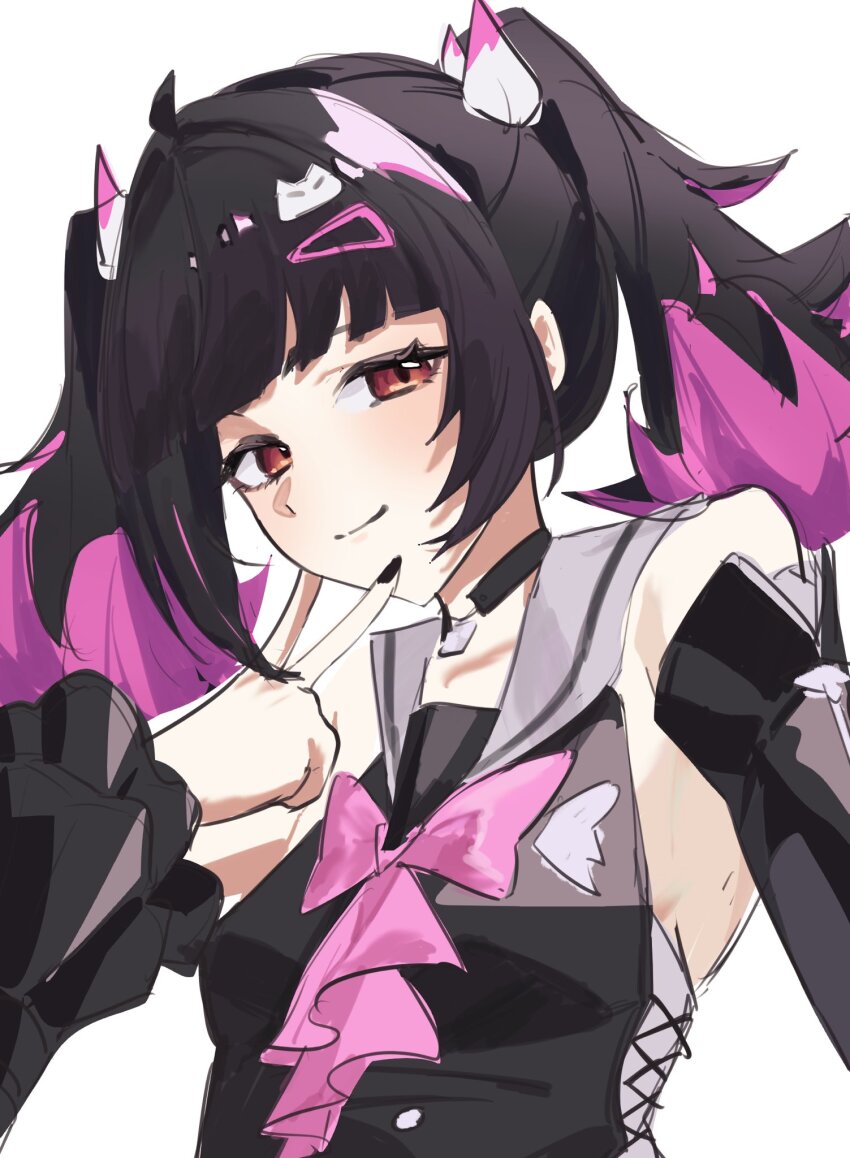 1girl, bare_shoulders, black_choker, black_hair, black_nails, bow, breasts, chest_bow