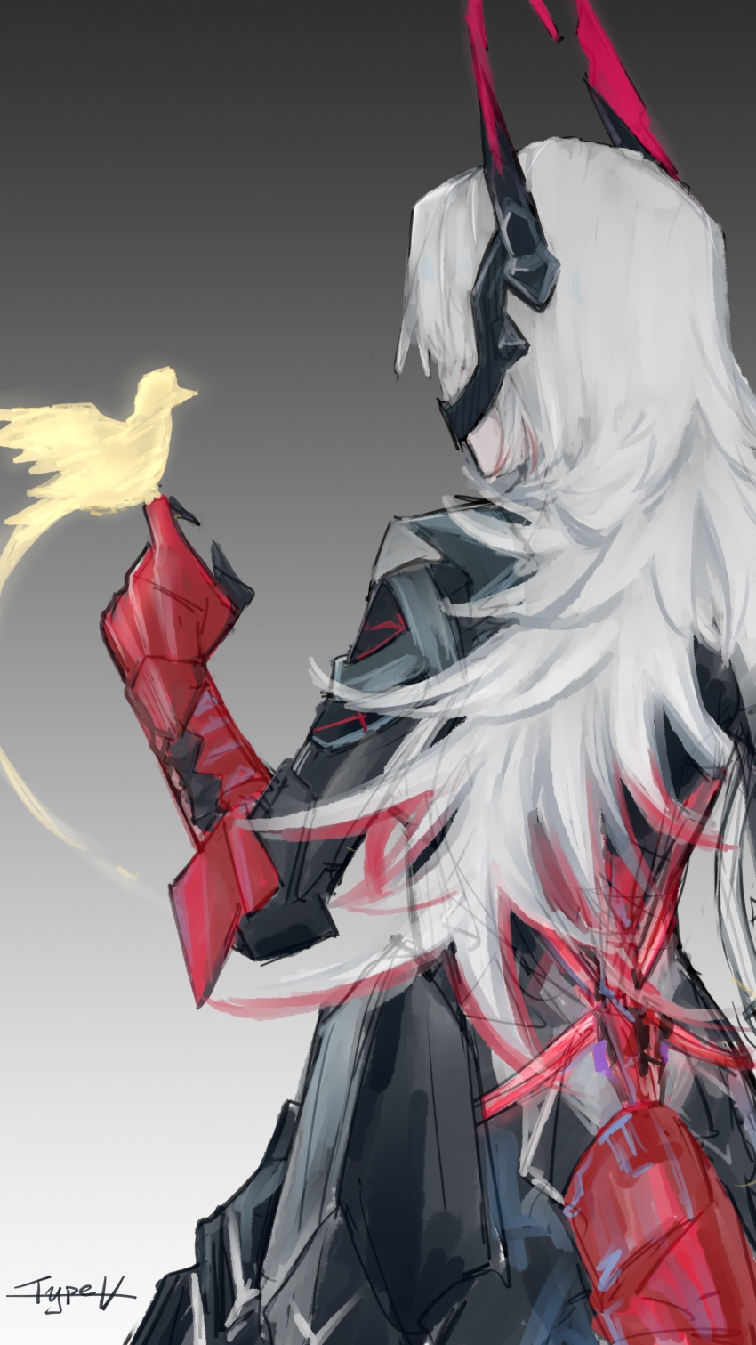 1girl, absurdres, artist_name, bird, bird_on_hand, commentary_request, cowboy_shot, facing_away