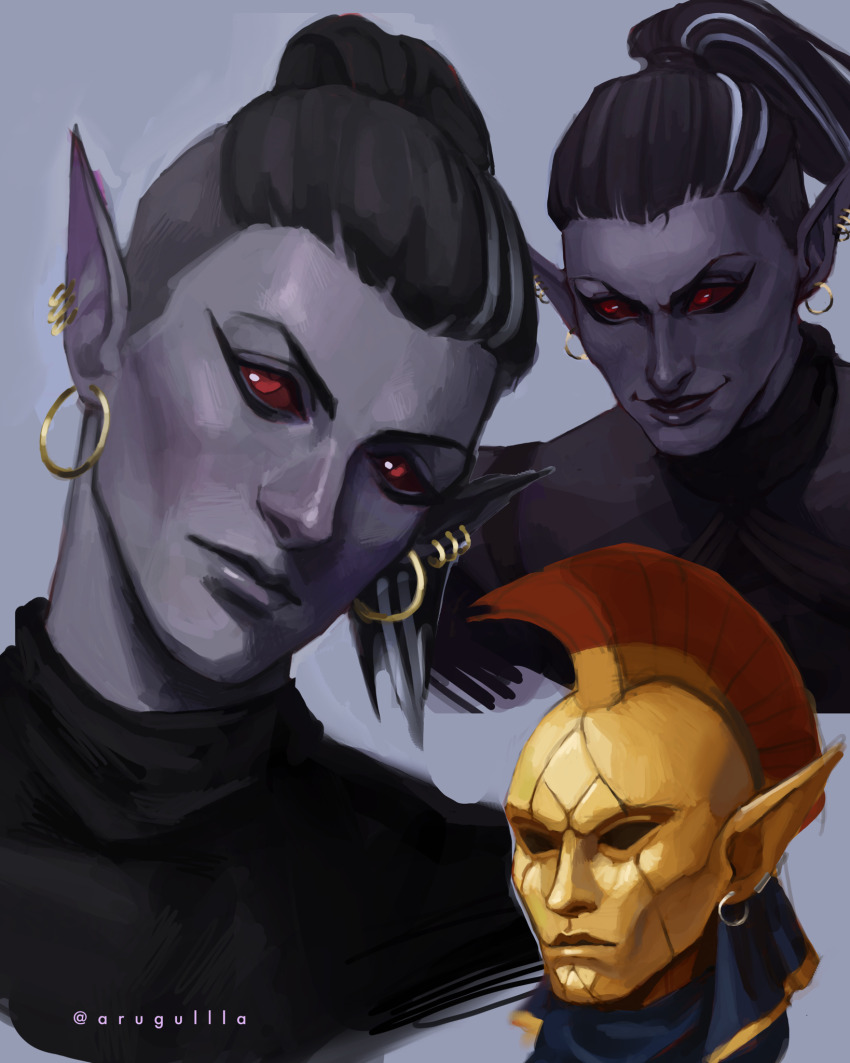 1boy, armor, artist_name, arugullla, black_hair, black_shirt, colored_sclera, colored_skin