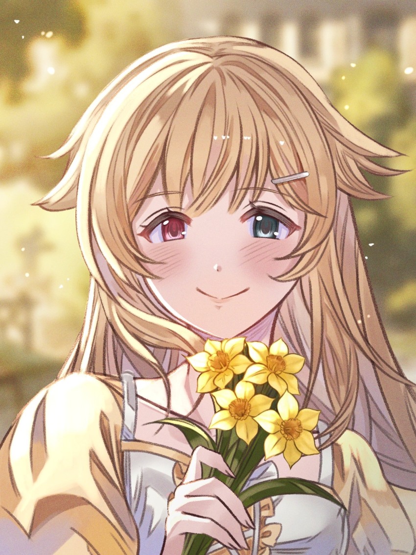 1girl, arutoria_(187497382), background_request, blonde_hair, blue_eyes, blurry, blurry_background, blush