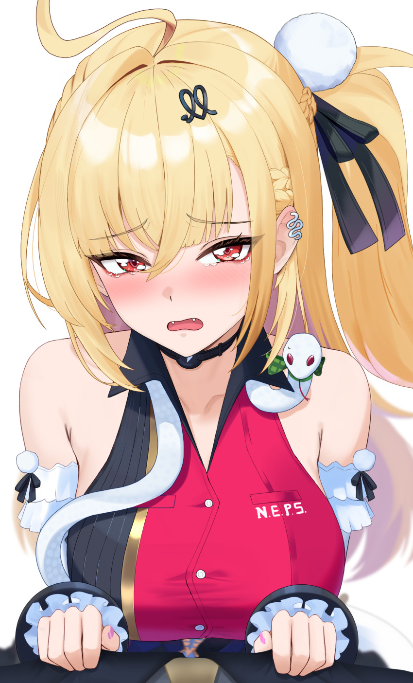 1boy, 1girl, 4kebidayo, ahoge, bare_shoulders, black_jacket, blonde_hair, breasts