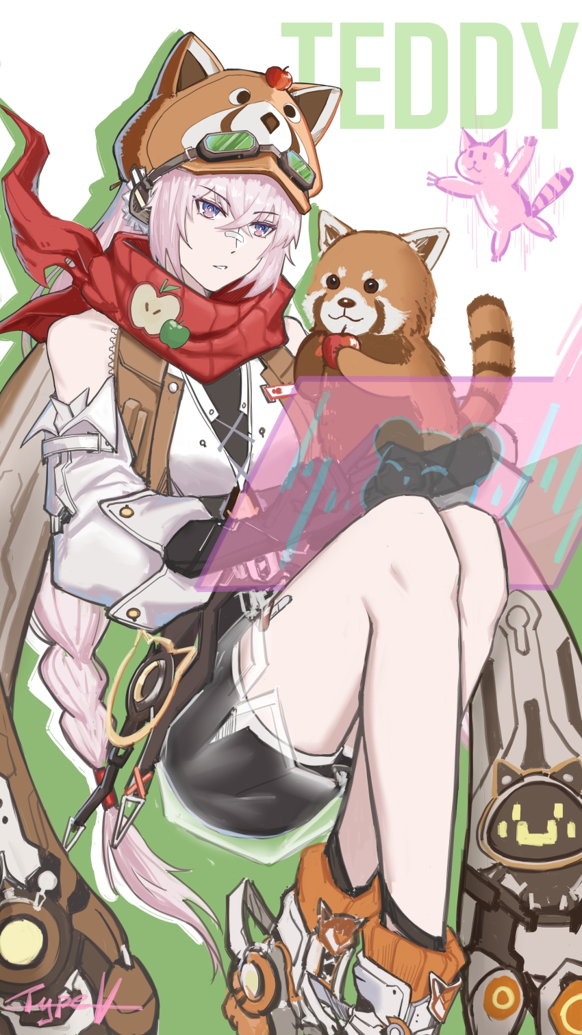 1girl, absurdres, animal, animal_hat, artist_name, bandaid, bandaid_on_face, bandaid_on_nose