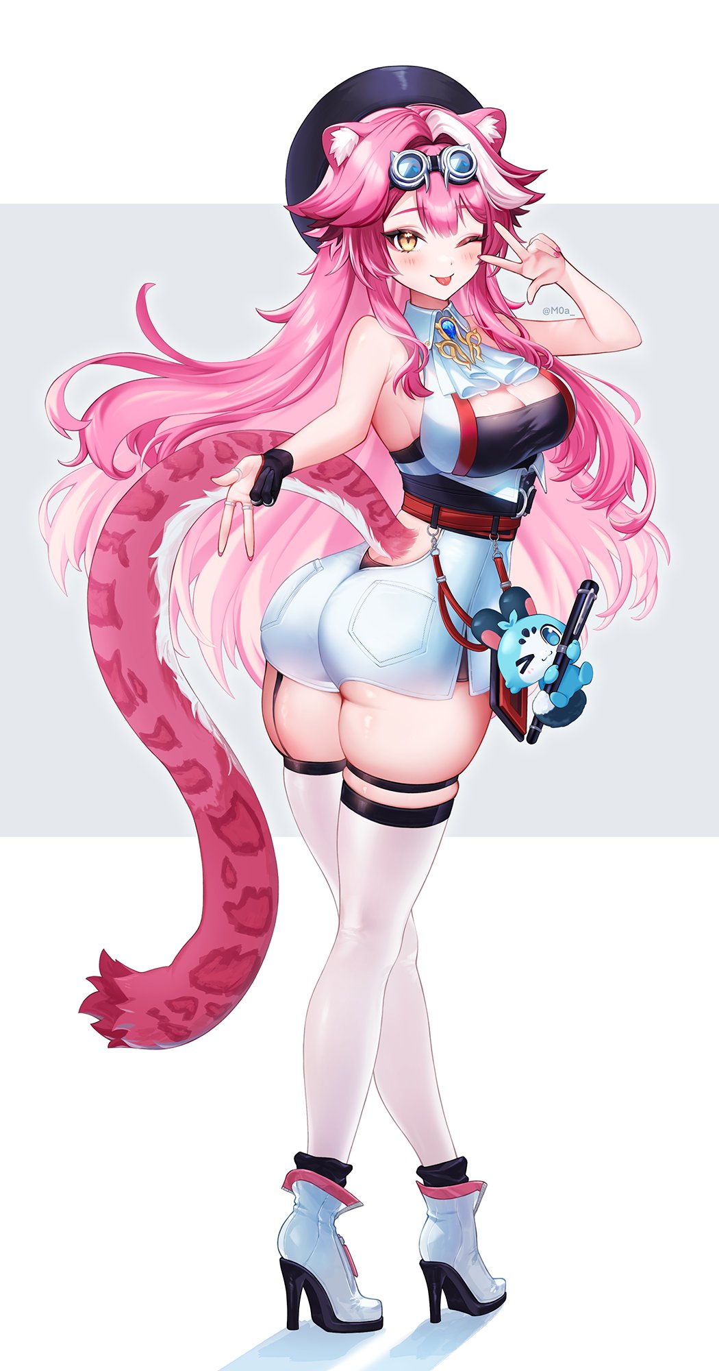 1girl, animal_ears, ass, beret, black_hat, black_tube_top, breasts, cat_ears