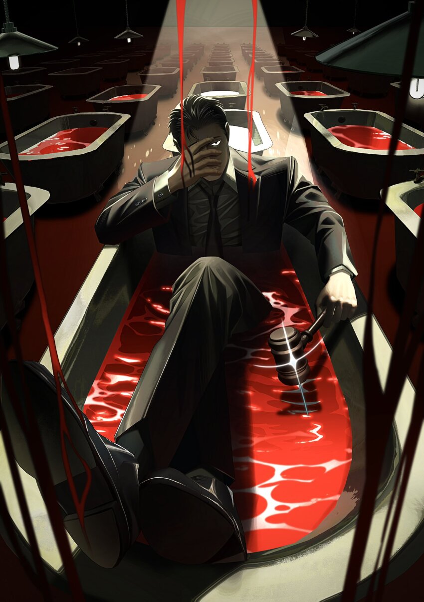 1boy, black_necktie, black_suit, domain_expansion, formal_clothes, hammer, highres, higuruma_hiromi