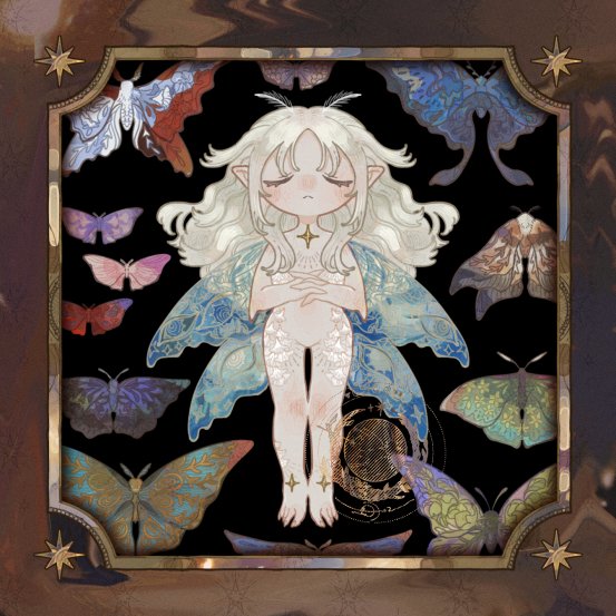 1other, antennae, artist_logo, aster0014, black_background, blonde_hair, blue_butterfly, blue_wings