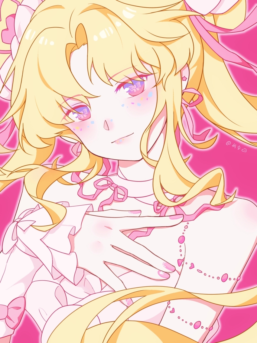 1girl, arm_bow, arm_warmers, artist_name, bare_shoulders, beads, bow, bow-shaped_pupils