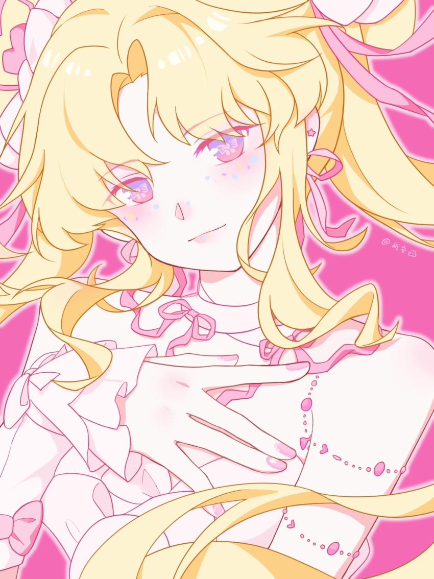 1girl, arm_bow, arm_warmers, artist_name, bare_shoulders, beads, bow, bow-shaped_pupils