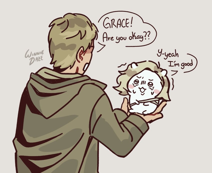 1boy, 1girl, artist_name, bandages, blonde_hair, commentary, english_commentary, english_text