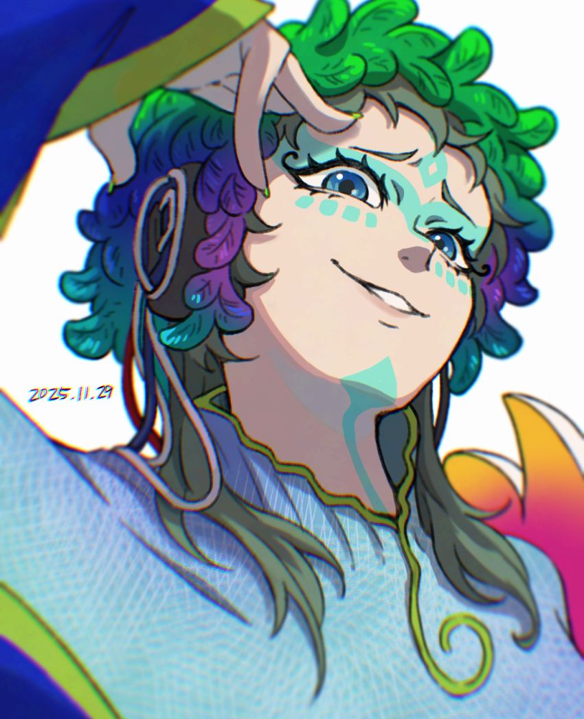 1other, androgynous, blue_eyes, blue_hair, commentary_request, facepaint, feathers, gnosia