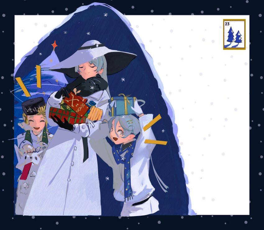 3girls, absurdres, beatrice_frega, black_gloves, black_hat, blonde_hair, blue_hair, blue_scarf