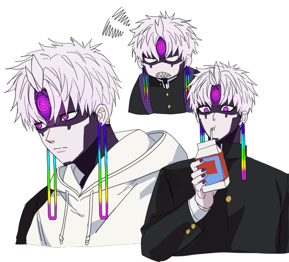1boy, closed_mouth, commentary_request, dandadan, drink_carton, earrings, evil_eye_(dandadan), gakuran