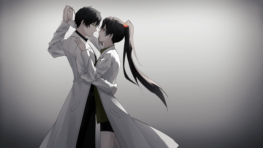 1boy, 1girl, absurdres, arm_around_another's_waist, ayin_(project_moon), ballroom_dancing, bear_hair_ornament, black_hair