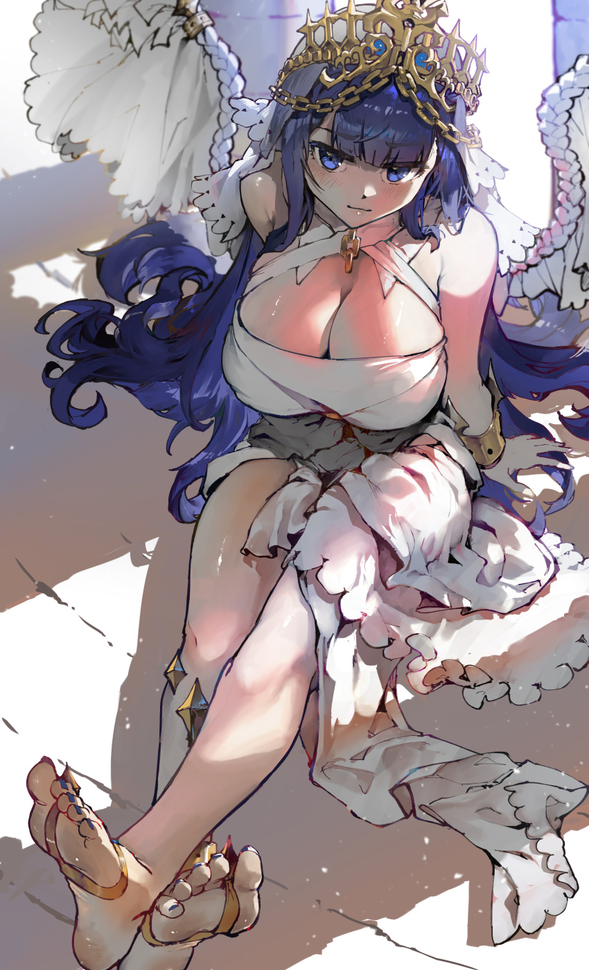 1girl, absurdres, blue_eyes, blue_hair, bracelet, breasts, chain, chain_necklace, cleavage, closed_mouth, dress, feet, gold_chain, highres, hololive, hololive_english, huge_breasts, jewelry, long_hair, looking_at_viewer, necklace, official_alternate_costume, official_alternate_hairstyle, ouro_kronii, ouro_kronii_(goddess), shiny_skin, sitting, smile, solo, veil, very_long_hair, virtual_youtuber, vyragami, white_dress, white_veil, wing_covers