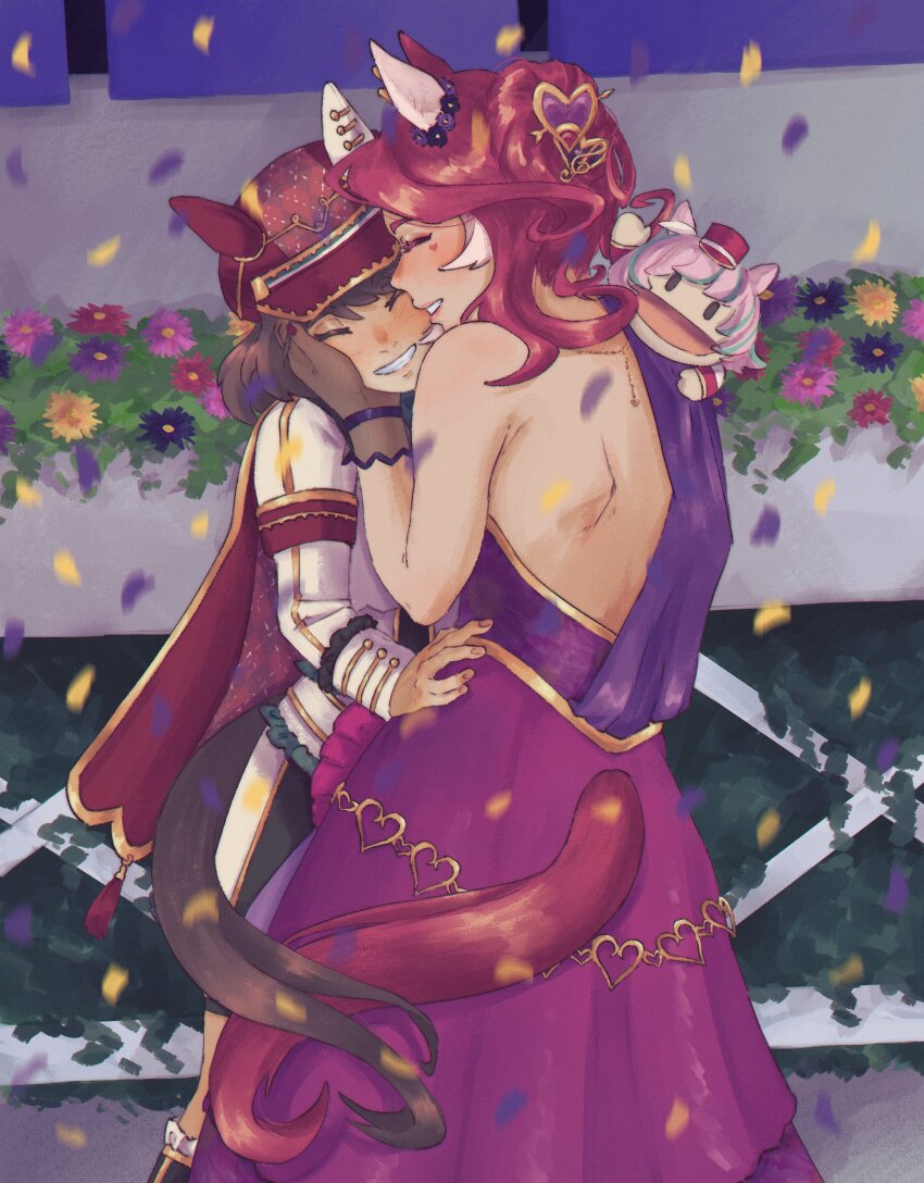 2girls, absurdres, animal_ears, black_gloves, blush, breasts, brown_hair, cape