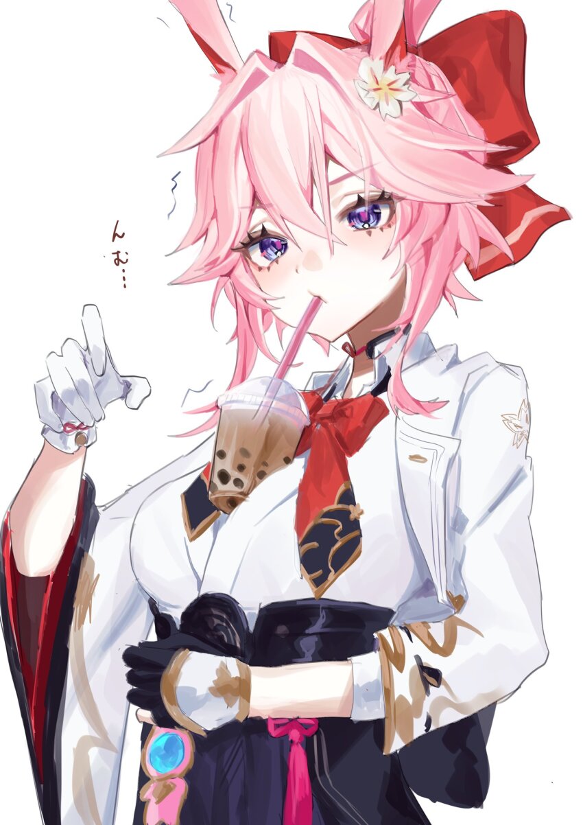 1girl, animal_ears, asymmetrical_gloves, black_gloves, blue_skirt, breasts, bubble_tea, bubble_tea_challenge