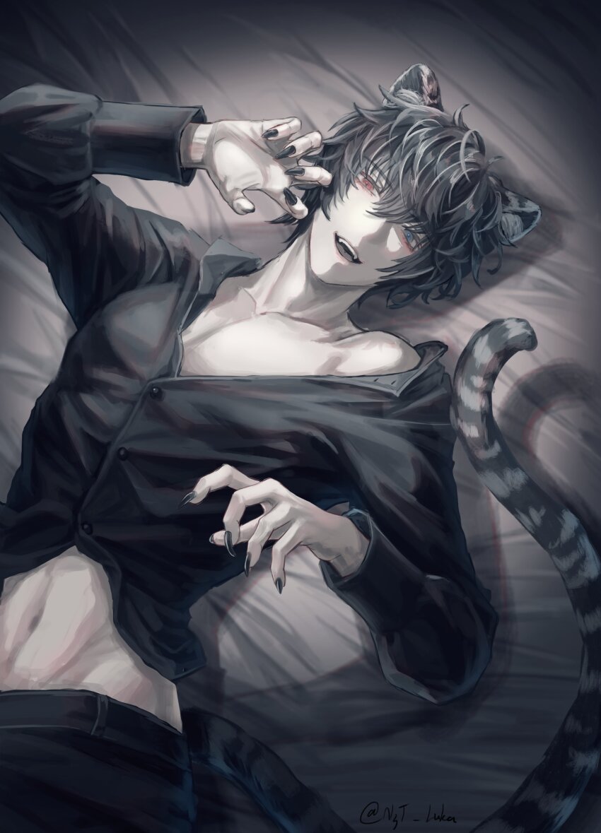 1boy, absurdres, animal_ear_fluff, animal_ears, arm_up, bed_sheet, black_hair, black_nails