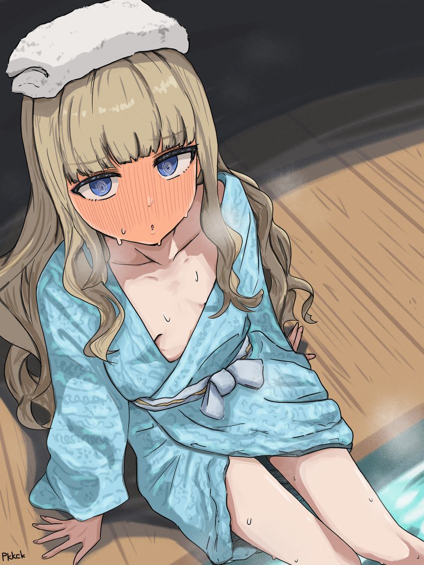 1girl, @_@, absurdres, ashiyu, bathrobe, blonde_hair, blue_eyes, breasts