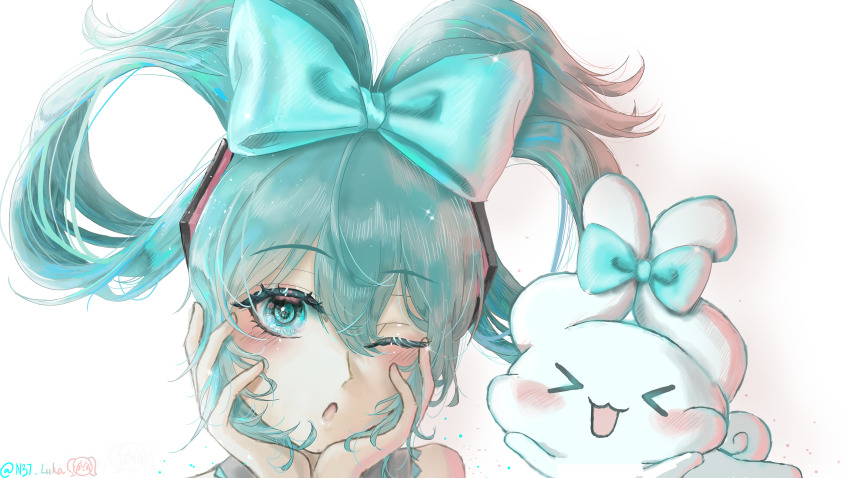 >_<, 1girl, :3, absurdres, aqua_bow, aqua_eyes, bare_shoulders, blush, bow, cheek_squash, cinnamiku, cinnamoroll, commentary, folded_twintails, hair_between_eyes, hair_bow, hair_ornament, hands_on_own_cheeks, hands_on_own_face, hatsune_miku, highres, n3t_luka, one_eye_closed, open_mouth, parted_lips, portrait, sanrio, signature, simple_background, sparkle, vocaloid, white_background