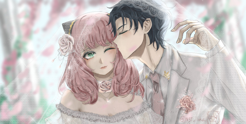 1boy, 1girl, absurdres, aged_up, anya's_heh_face_(meme), anya_(spy_x_family), black_hair, blush, breasts, bridal_veil, choker, cleavage, closed_eyes, commentary, corsage, damian_desmond, dress, eyeshadow, flower, flower_choker, green_eyes, hetero, highres, husband_and_wife, jacket, kiss, kissing_cheek, lapels, layered_sleeves, light_smile, long_sleeves, makeup, medium_hair, meme, n3t_luka, necktie, notched_lapels, off-shoulder_dress, off_shoulder, one_eye_closed, pink_hair, pink_lips, pink_necktie, profile, rose, shirt, short_hair, signature, sparkle, spy_x_family, suit_jacket, teardrop_necklace, tuxedo, upper_body, veil, veil_lift, wedding, wedding_dress, white_choker, white_dress, white_flower, white_jacket, white_rose, white_shirt